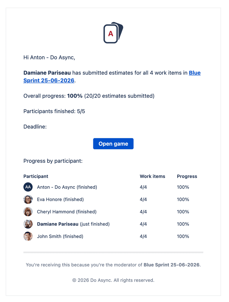 Async Poker for Jira email notification showing participant estimation progress