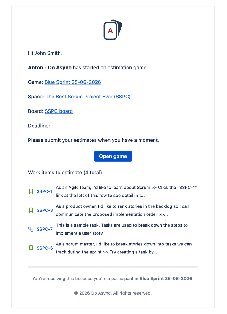 Async Poker for Jira email notification for a started estimation game