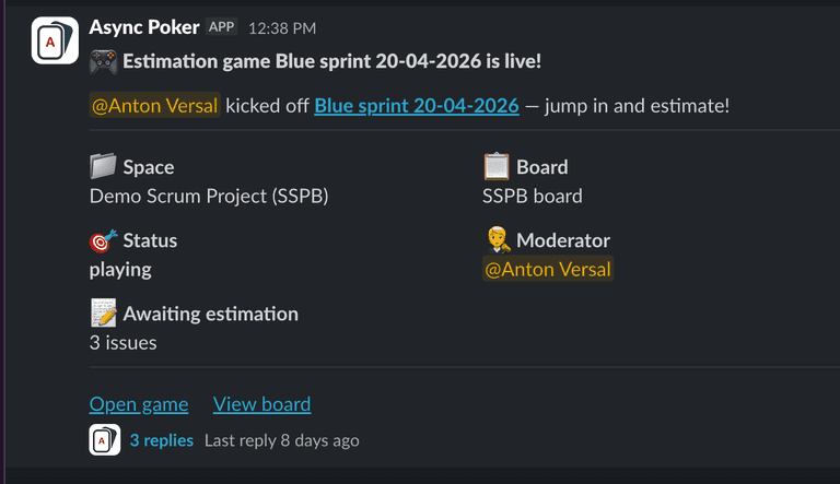 Async Poker for Jira Slack notification for a started estimation game