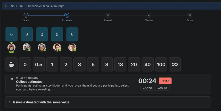 Sync Poker for Jira showing the estimate step in a live Planning Poker session Sync Poker for Jira showing the estimate step in a live Planning Poker session